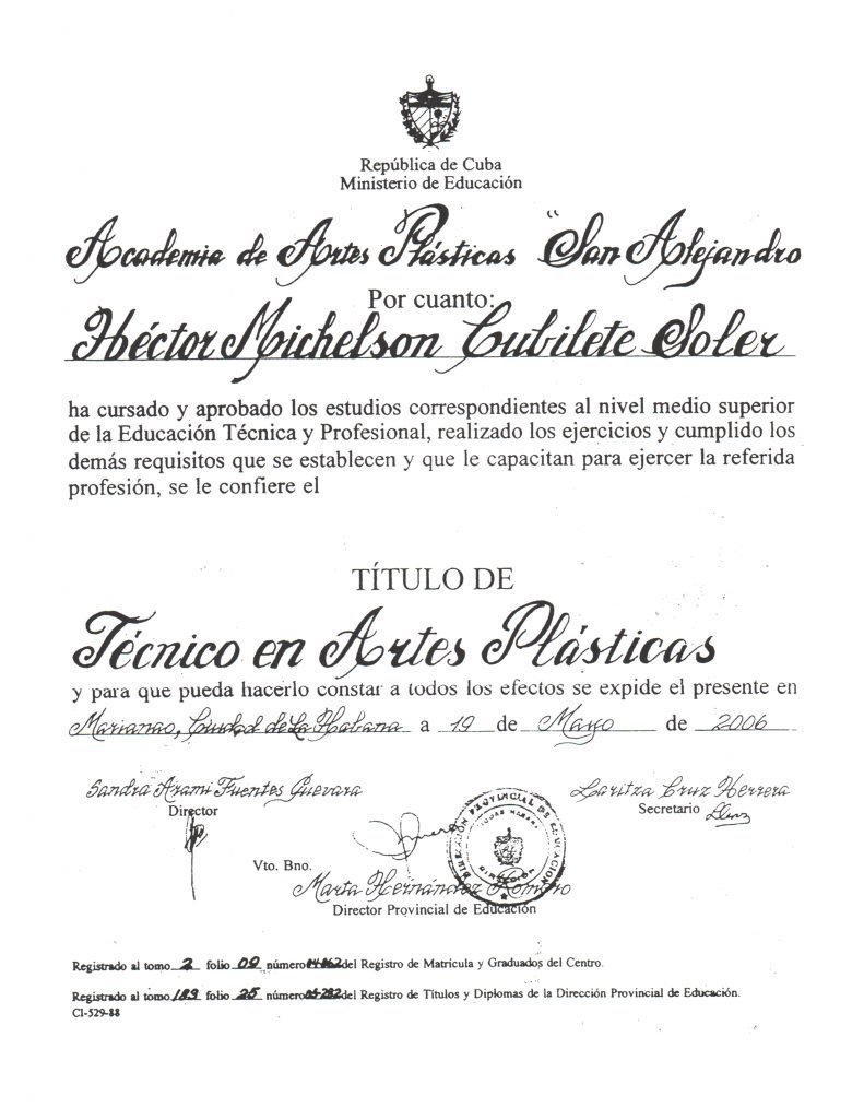 ATTESTATO_ESCUELA NACIONAL DE ARTES PLASTICAS_SAN ALEJANDRO_MICHELSON